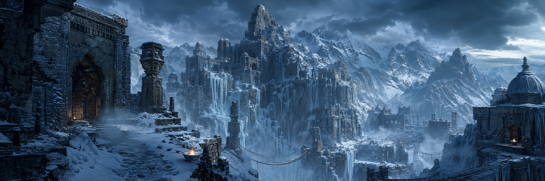 A frozen citadel high in snowbound mountains