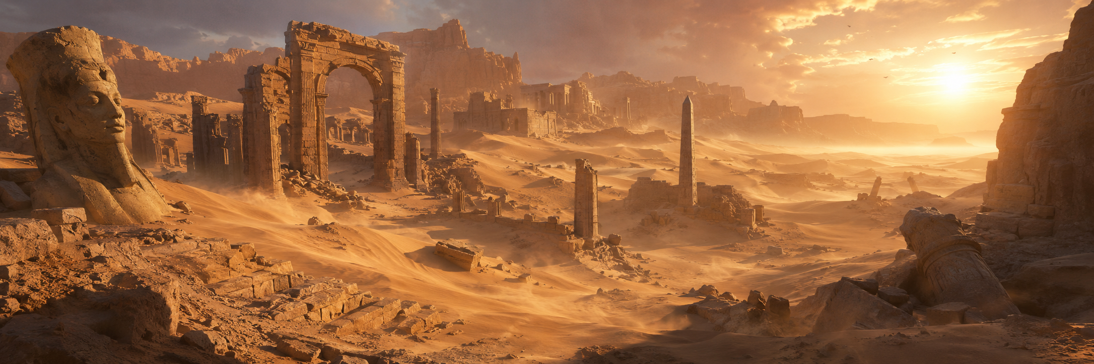 Desert ruins and a fallen colossus at sunset