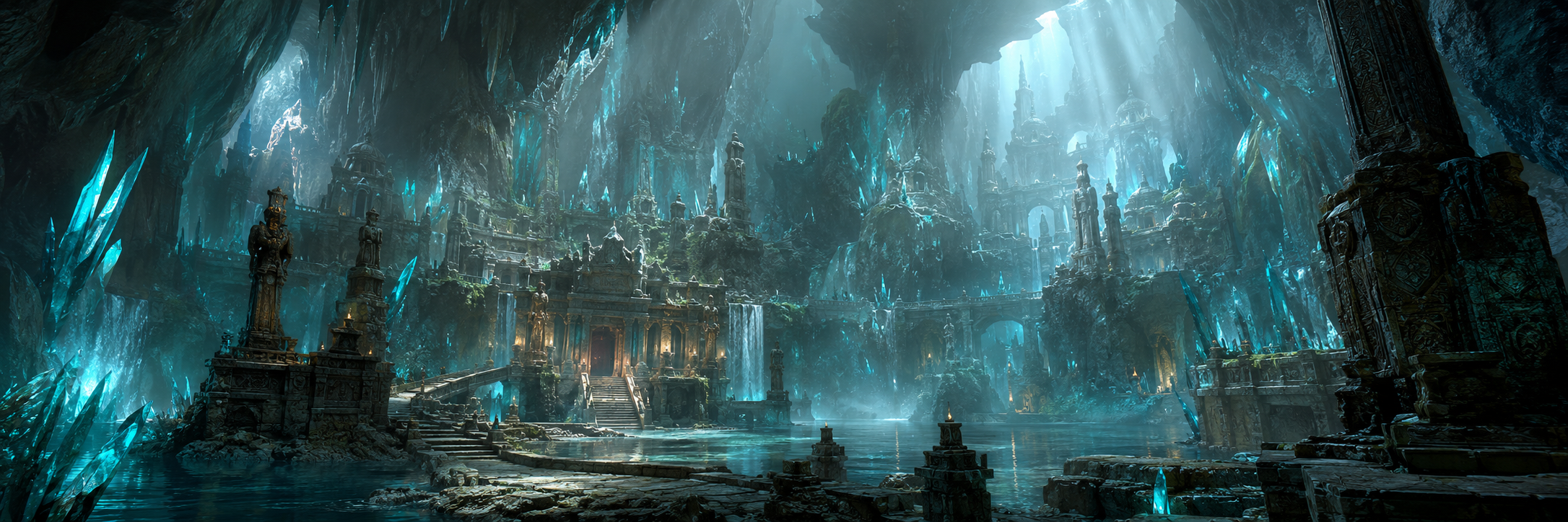 A crystal cavern hiding a drowned golden temple