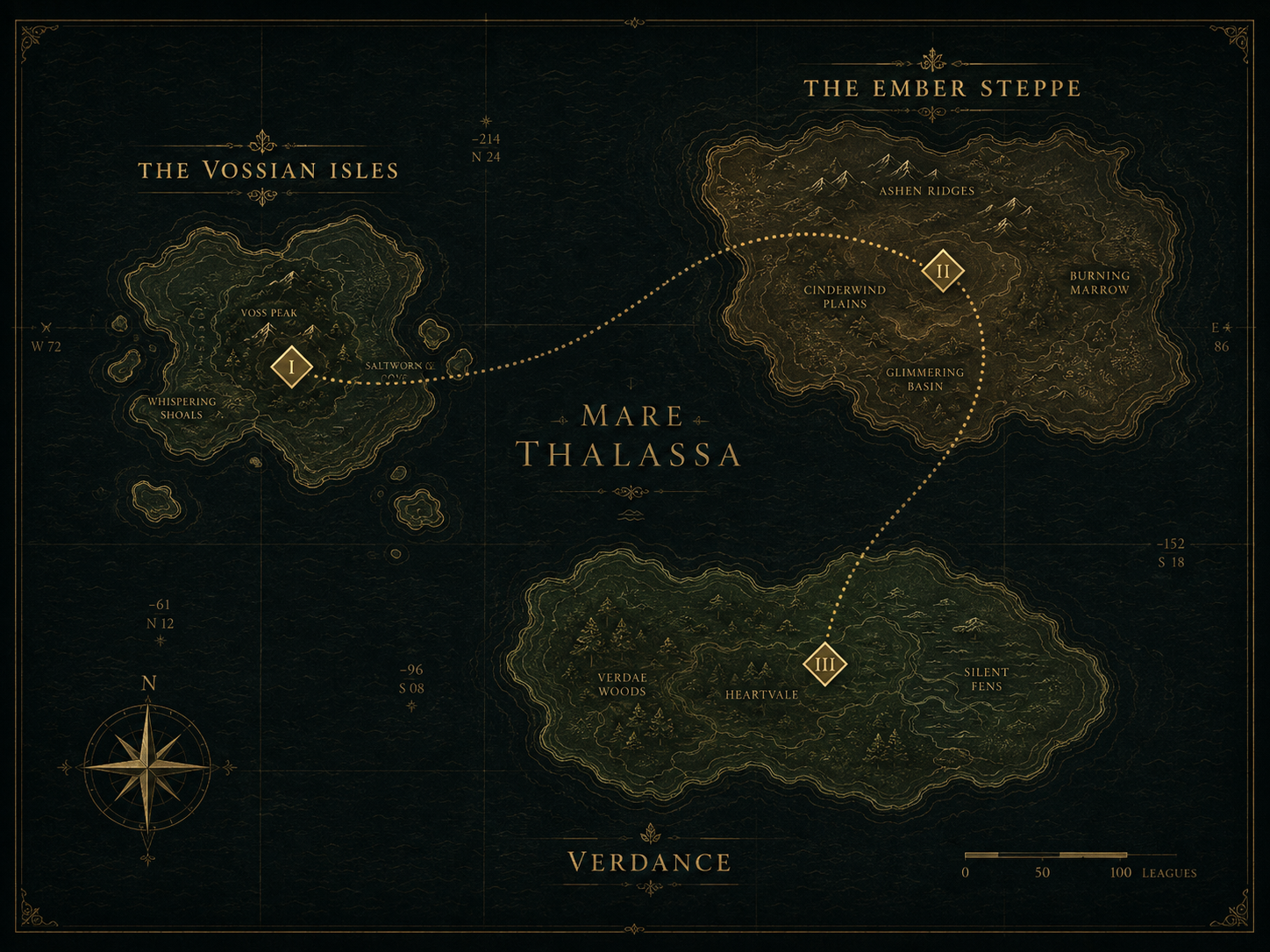 Expedition chart of the Vossian Isles, the Ember Steppe, and Verdance across the Mare Thalassa